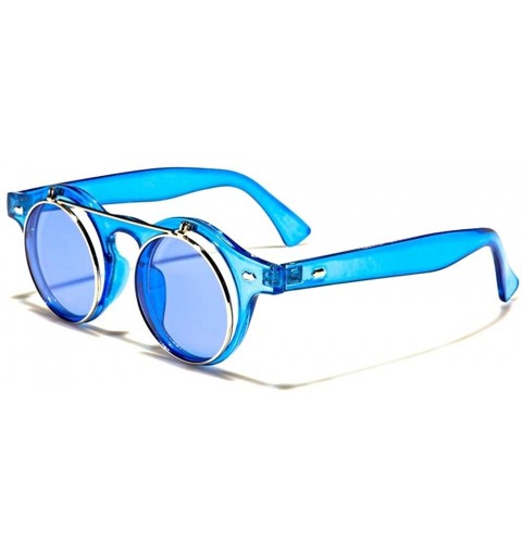 Round Retro Round Flip Up Steampunk Sunglasses - Blue Crystal & Silver Frame - CA185CC8WGT $8.86