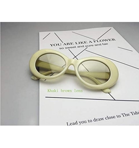 Oval Glasses Oval Sunglasses Ladies Trendy Vintage Retro Sunglasses Women's White Black Eyewear UV-Khaki - Khaki - CU19922ECZ...