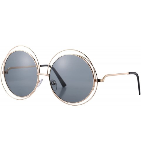 Round Women's Double Circle Metal Wire Frame Oversized Round Sunglasses - Smoke - CQ183S696OG $8.69