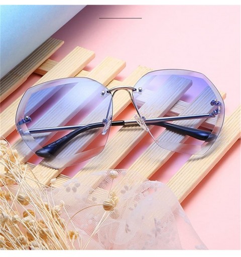 Oval Sunglasses Women Fashion Rimless Oval Metal Cool Summer Casual Travel UV-Proof - Silver Frames Blue Lens - C918GKQ4HTY $...