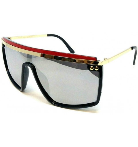 Wrap Flat Top One Piece Shield Lens Wrap Around Aviator Sunglasses - Red- Black & Gold Frame - CI18XOTCMDG $13.87