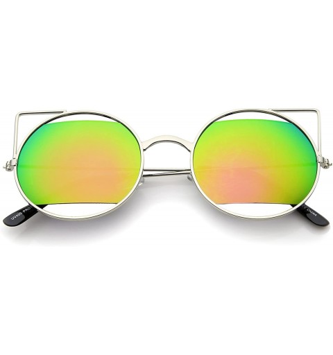 Cat Eye Women's Cut-Out Metal Open Frame Mirrored Lens Round Cat Eye Sunglasses 52mm - Silver / Pink-green Mirror - C512JP6G2...