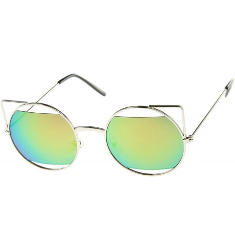 Cat Eye Women's Cut-Out Metal Open Frame Mirrored Lens Round Cat Eye Sunglasses 52mm - Silver / Pink-green Mirror - C512JP6G2...