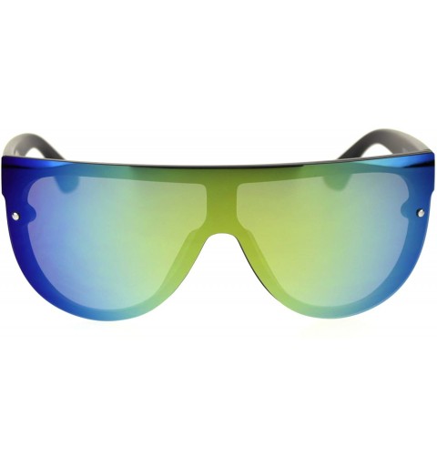 Shield Trendy Cyber Robotic Flat Top 80s Mirror Shield Plastic Sunglasses - Matte Black Yellow Teal Mirror - C218TMOAZM3 $12.48