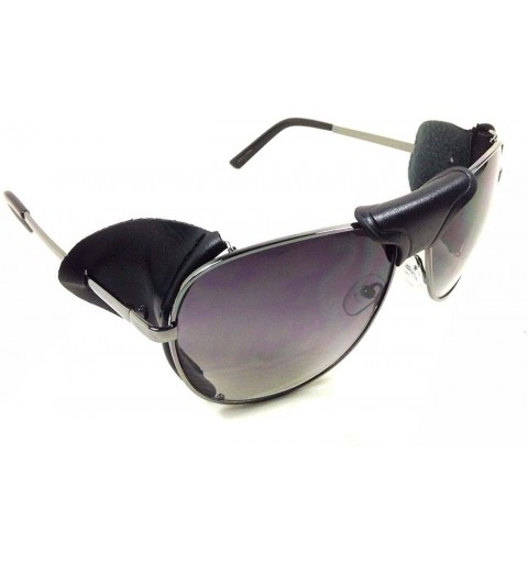 Shield Retro Aviator Sunglasses w/Faux Leather Bridge & Side Shields - Gunmetal Frame - Black Leather - CR12O861WAT $25.44