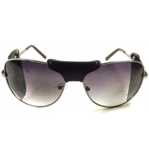 Shield Retro Aviator Sunglasses w/Faux Leather Bridge & Side Shields - Gunmetal Frame - Black Leather - CR12O861WAT $11.56