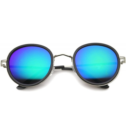 Round Classic Dapper Side Cover Colored Mirror Lens Round Sunglasses 52mm - Black-silver / Green Blue Mirror - CV12I21RT95 $8.73