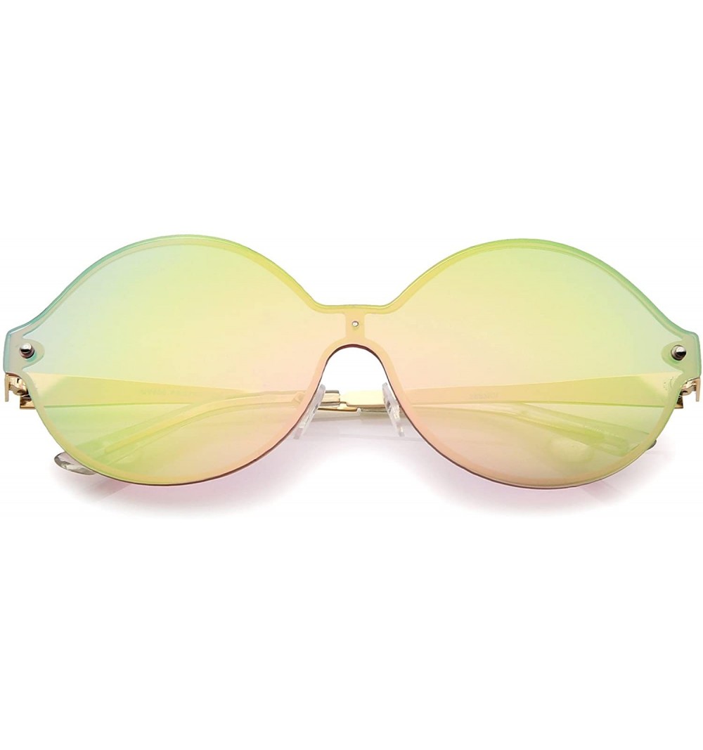 Shield Oversize Round Color Mirror Shield Lens Metal Temple Rimless Sunglasses 69mm - Gold / Pink Mirror - C312K5FBILV $13.32