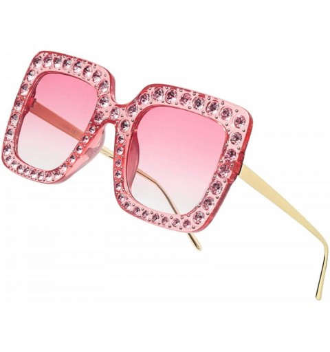 Square Square Rhinestone Oversized Sunglasses Metal Frame Retro Bling Sun glasses for Women - Pink - C818WQE4Q3C $10.79