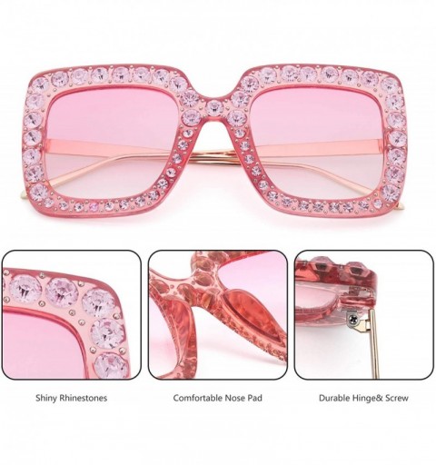 Square Square Rhinestone Oversized Sunglasses Metal Frame Retro Bling Sun glasses for Women - Pink - C818WQE4Q3C $10.79