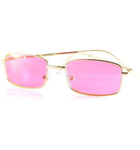 Rectangular Unisex Minimalist Small Rectangular Color Tinted Spring Hinge Sunglasses A117 - Gold/ Neon Pink - CC18KCEG3EA $11.53