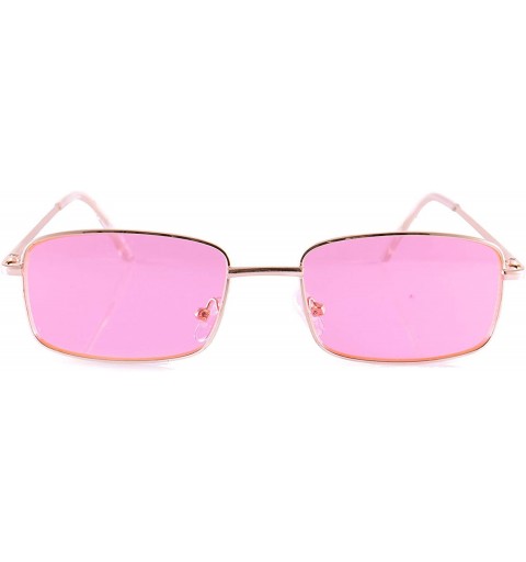 Rectangular Unisex Minimalist Small Rectangular Color Tinted Spring Hinge Sunglasses A117 - Gold/ Neon Pink - CC18KCEG3EA $11.53