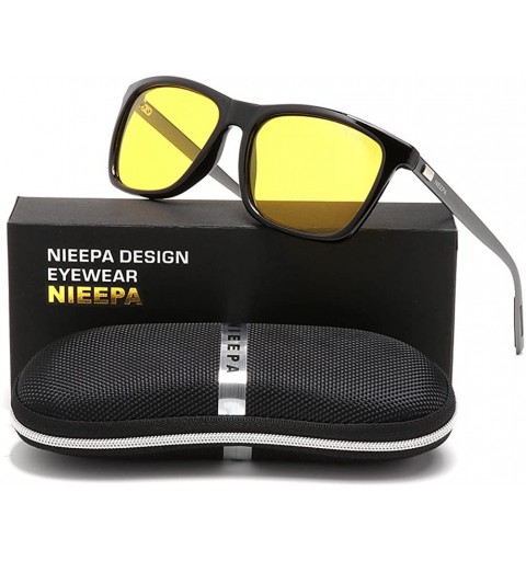 Rectangular HD AL-MG Polarized Sunglasses Yellow Lens Driving Sun Glasses - Night Vision Lens/Bright Black Frame - CR185Q3LO3...