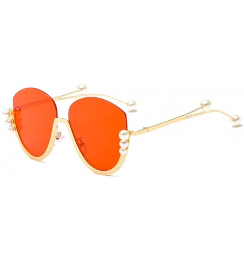 Cat Eye Fashion Pearl Cat Eye Sunglasses Ladies Metal Half Frame Sun Glasses For Women - Gold With Red - C118ILY3OYG $9.98