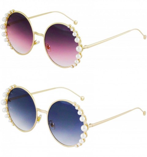 Shield Fashion Round Pearl Decor Metal Frame Women's Sunglasses UV Protection - Purple and Black - CK18TKMQIHZ $20.03