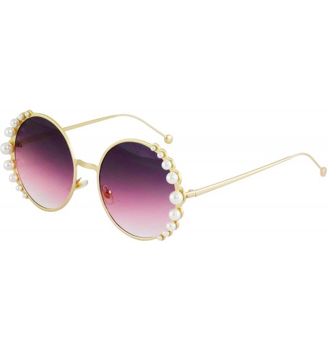 Shield Fashion Round Pearl Decor Metal Frame Women's Sunglasses UV Protection - Purple and Black - CK18TKMQIHZ $20.03