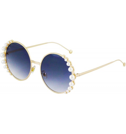 Shield Fashion Round Pearl Decor Metal Frame Women's Sunglasses UV Protection - Purple and Black - CK18TKMQIHZ $39.62