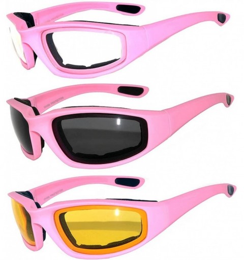 Goggle Set of 3 Pairs Pink Motorcycle Padded Foam Glasses Yellow Clear Smoke Lens - C717YCOMZ2D $11.82