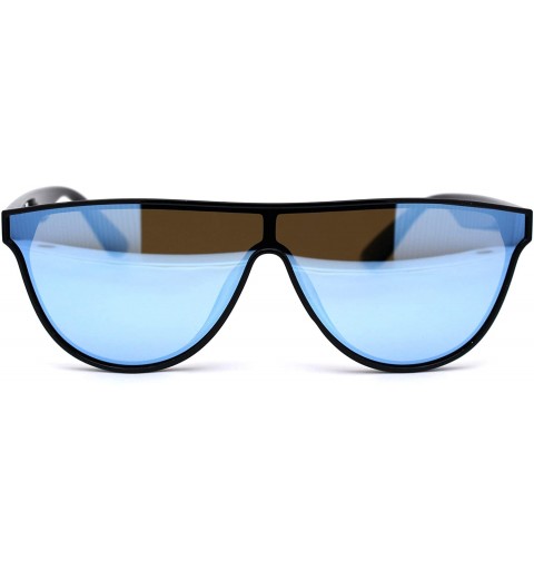 Shield Retro Flat Top Mob Boyfriend Plastic CR39 Polarized Lens Shield Sunglasses - Black Blue Mirror - CN192AN0YWX $10.83