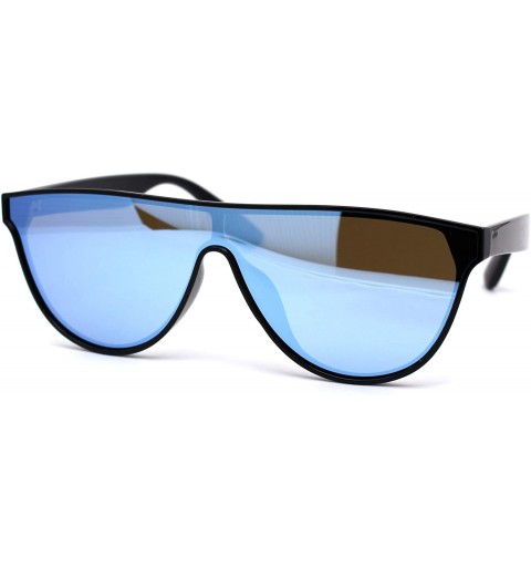 Shield Retro Flat Top Mob Boyfriend Plastic CR39 Polarized Lens Shield Sunglasses - Black Blue Mirror - CN192AN0YWX $10.83