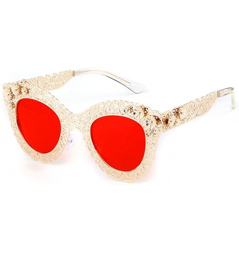 Round Women Pierced Sunglasses Carving Metal Flower Frame Fashion UV400 Mother's Day - Red - CS18DUK45TQ $18.40
