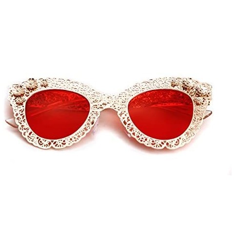 Round Women Pierced Sunglasses Carving Metal Flower Frame Fashion UV400 Mother's Day - Red - CS18DUK45TQ $18.40