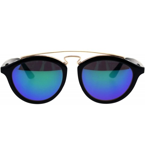 Round Retro Keyhole Flat Top Double Metal Bridge Round Horn Sunglasses - Black Teal - CJ18EYETKYL $10.99