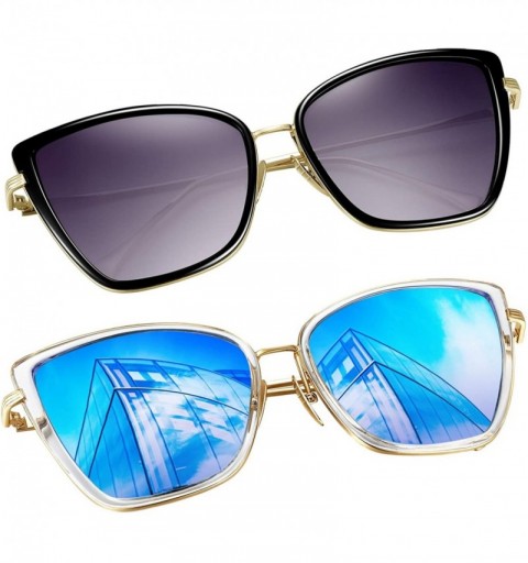 Round Oversized Cateye Sunglasses for Women - Fashion Metal Frame Cat Eye Womens Sunglasses - 2 Pack (Black+blue) - C718WI886...