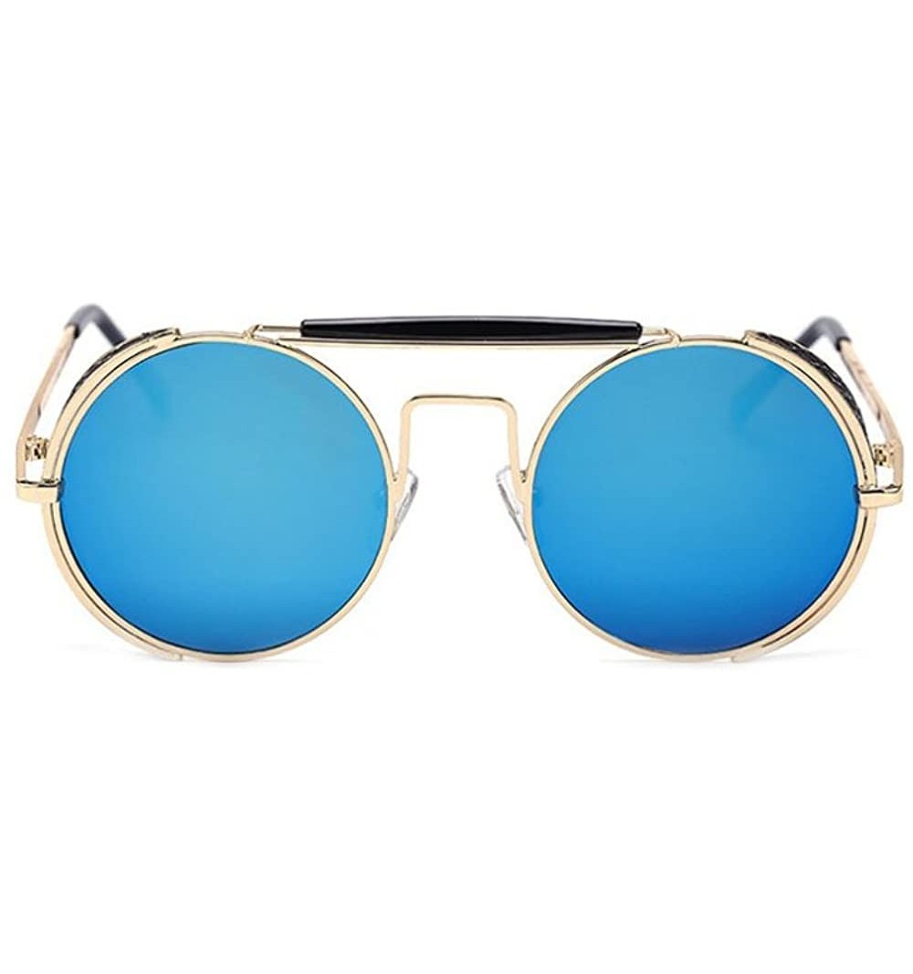 Goggle Steampunk Round Sunglasses for Men and Women Retro Personality Double Beam Sunglasses - Gold Frame Blue Lens - C1121DT...