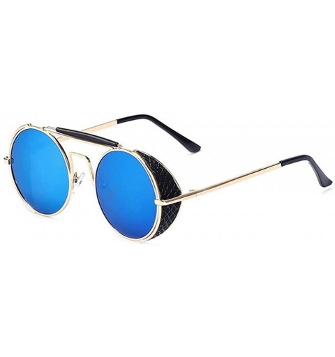 Goggle Steampunk Round Sunglasses for Men and Women Retro Personality Double Beam Sunglasses - Gold Frame Blue Lens - C1121DT...
