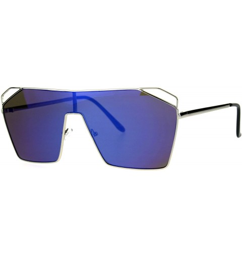 Shield Super Oversized Sunglasses Square Open Cut Corners Shield Frame Mirror Lens - Silver (Blue Mirror) - C91874HE432 $14.03