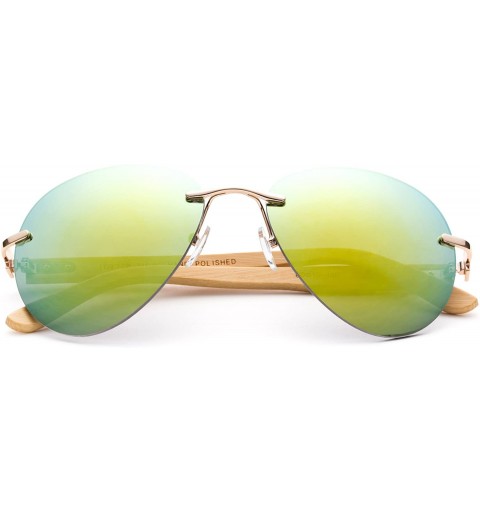Rimless Bamboo Arm Oversized Rimless Aviator Sunglasses with Flash Lens Bamboo Sunglasses for Men & Women - Yellow Flash - CN...