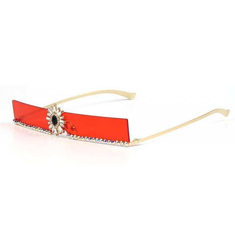 Rectangular new trend narrow side rectangular diamond sunglasses ladies metal rhinestone marine color sunglasses - Red - CJ18...