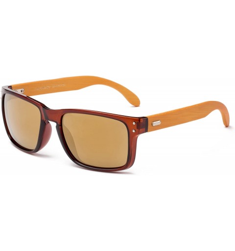 Round "Camarillo Flash" Squared Design Fashion Real Bamboo Sunglasses with Flash Lenses - Brown - CU12M1OCX1N $9.54