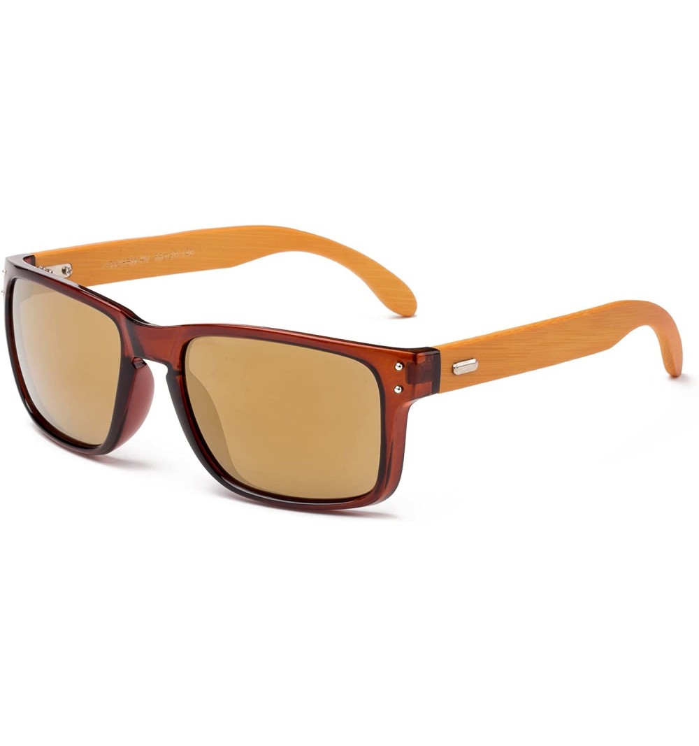 Round "Camarillo Flash" Squared Design Fashion Real Bamboo Sunglasses with Flash Lenses - Brown - CU12M1OCX1N $9.54