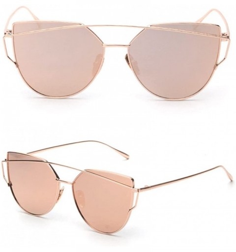 Round Fashion Twin-Beams Classic Women Metal Frame Mirror Sunglasses Cat Eye Glasses - Rose Gold - CO18UOE3QOE $10.93